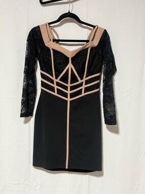 Entry Black and Nude Lace-Trim Long Sleeve Bodycon Dress